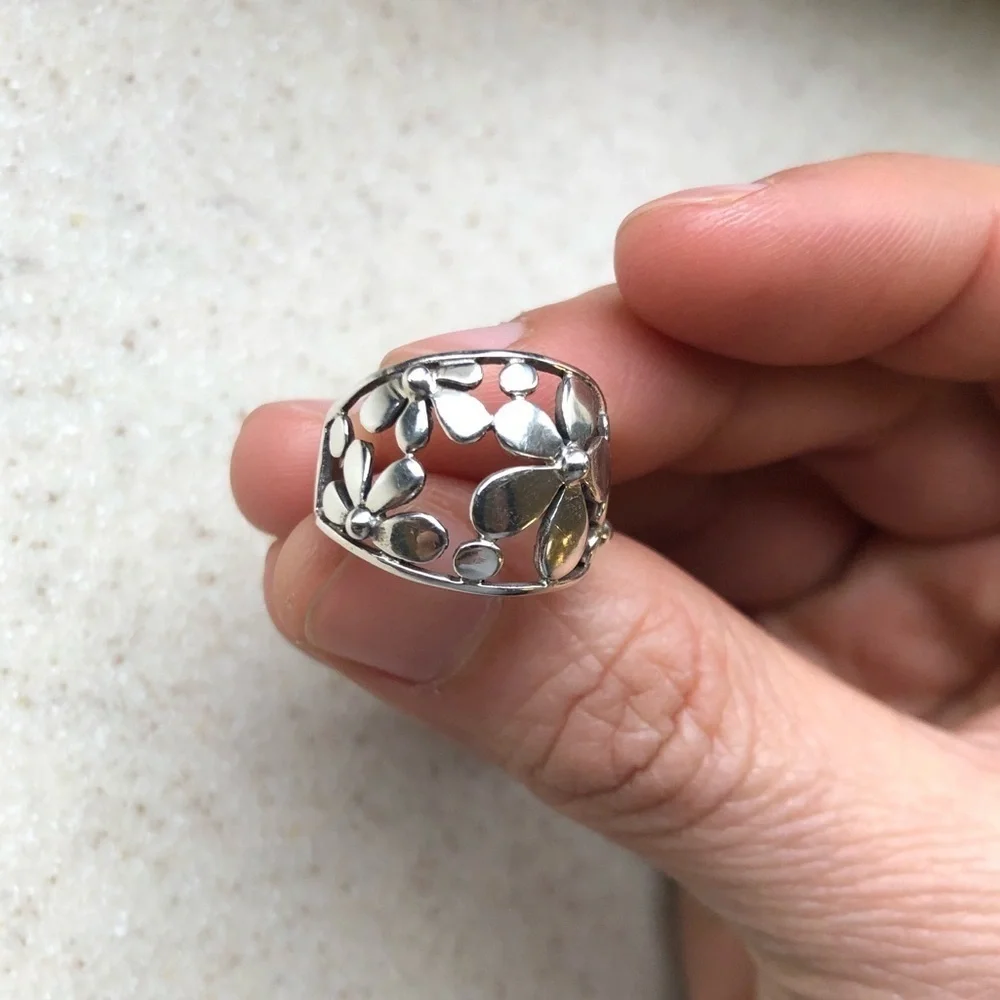 Women 925 Solid Sterling Silver Ring Size 8 Flower Texture Craft Statement Fall - Picture 3 of 8